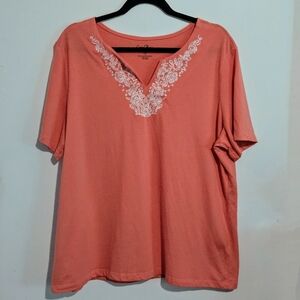 Coral Bay Women’s Top 1X Floral Embroidered V-Neck Short Sleeve Summer